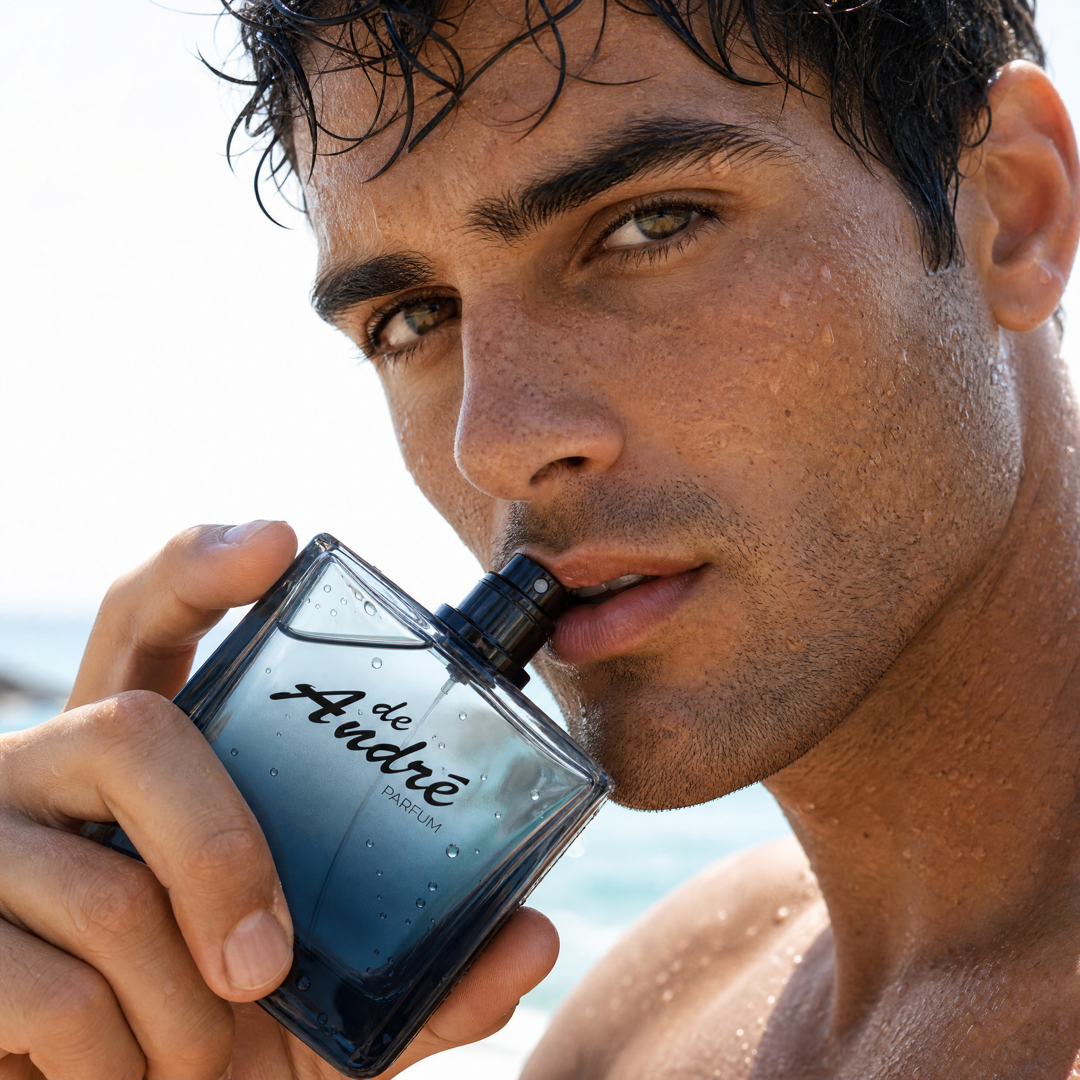 Hombre recién salido del mar Mediterráneo con el perfume inspirado en Acqua di Giò de Perfumes Inferno