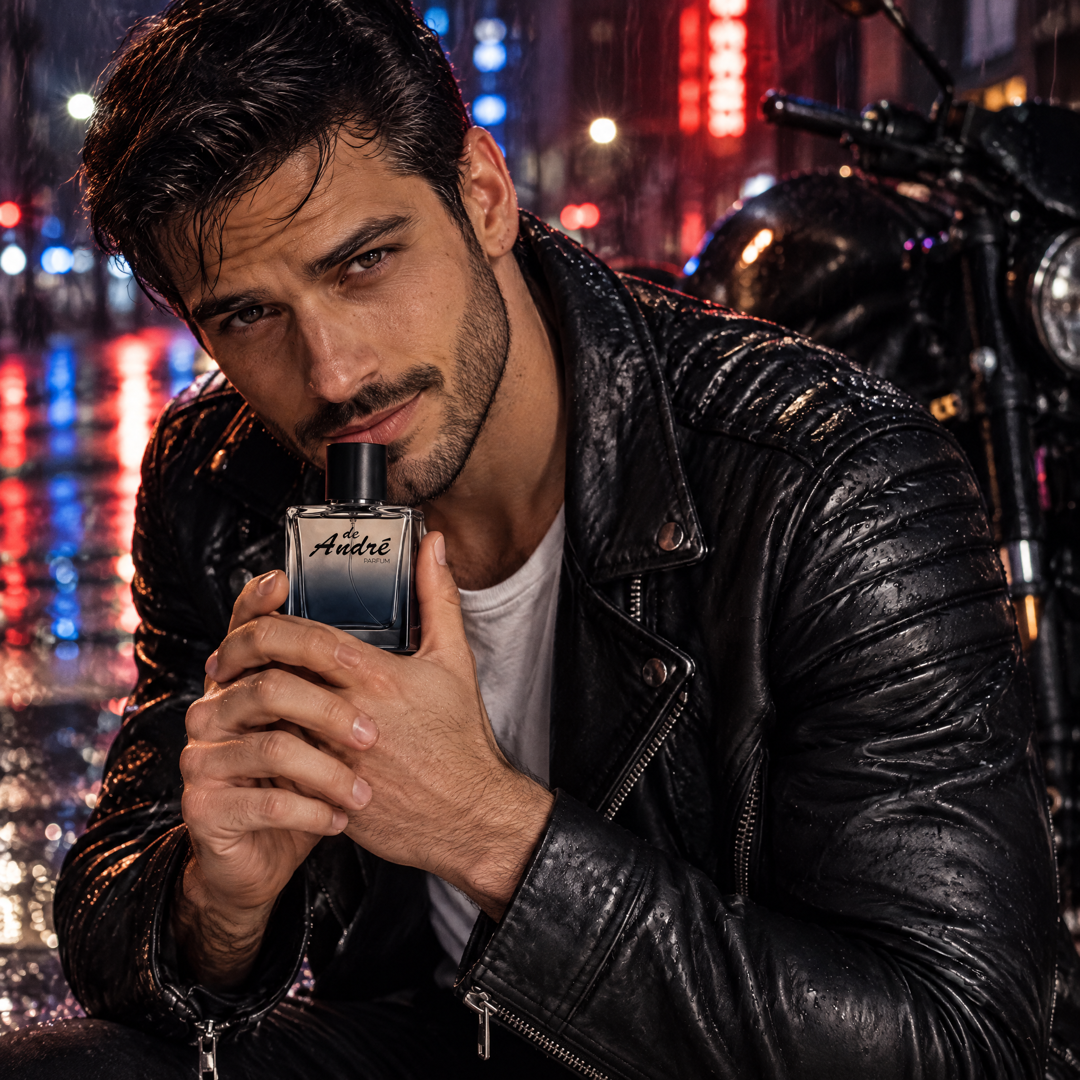 Hombre con chaqueta de cuero en una calle de noche bajo la lluvia sosteniendo el perfume inspirado en Bad Boy de Perfumes Inferno