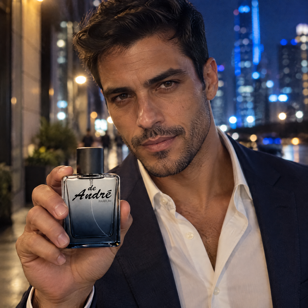 Hombre en la ciudad de noche con el perfume inspirado en Bleu de Chanel de Perfumes Inferno