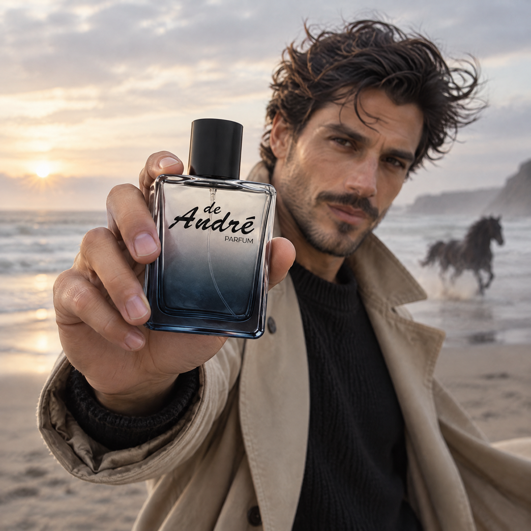 Hombre en una playa con un caballo al amanecer con el perfume inspirado en Burberry Hero de Perfumes Inferno