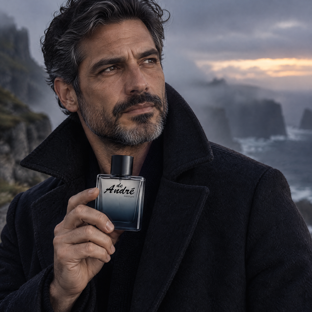 Hombre en un acantilado nórdico al anochecer con el perfume inspirado en Drakkar Noir de Perfumes Inferno