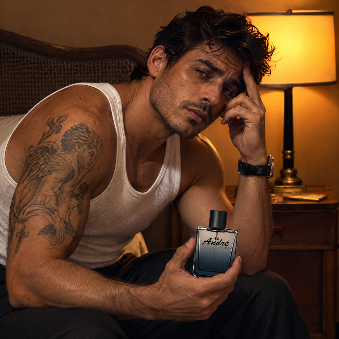 Hombre en una habitación de hotel de noche sosteniendo el perfume inspirado en Gucci Guilty de Perfumes Inferno