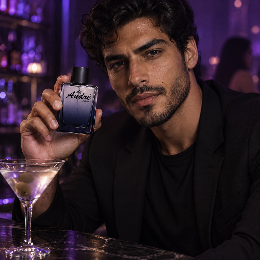 Hombre en un bar de cócteles de noche con el perfume inspirado en Halloween Man de Perfumes Inferno
