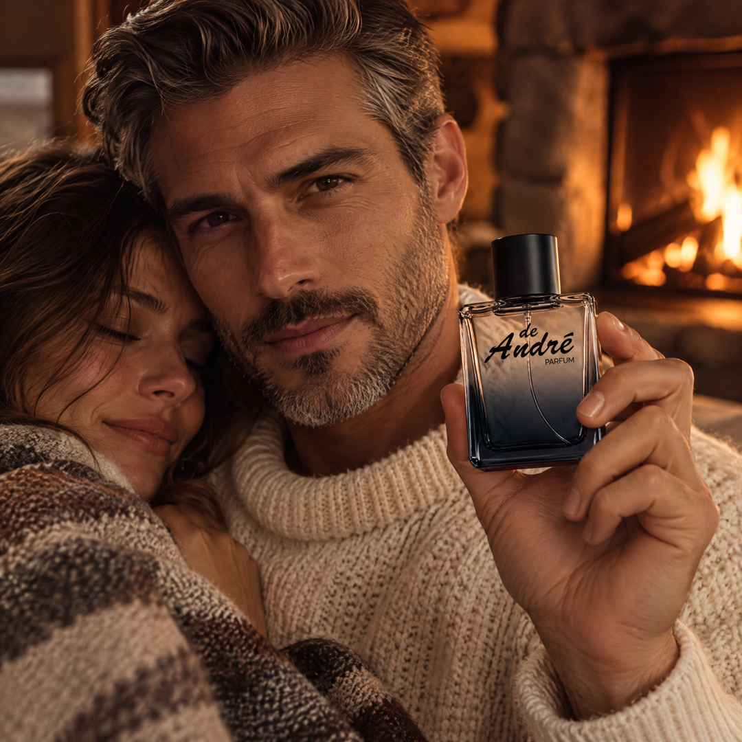 Hombre frente a la chimenea de una cabaña con el perfume inspirado en Stronger With You Intensely de Perfumes Inferno