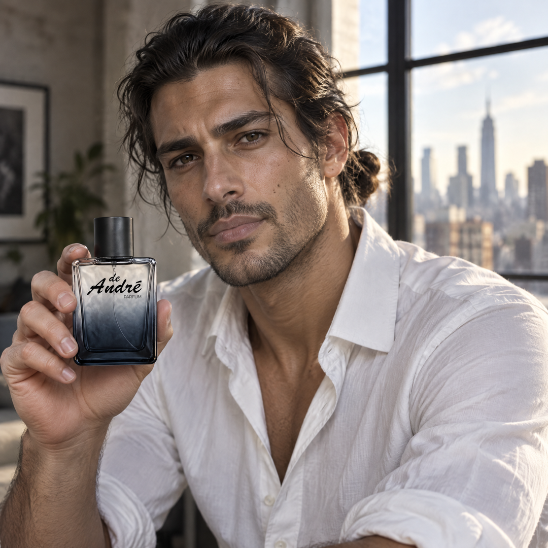 Hombre en un loft con vista a la ciudad con el perfume inspirado en Y de YSL de Perfumes Inferno