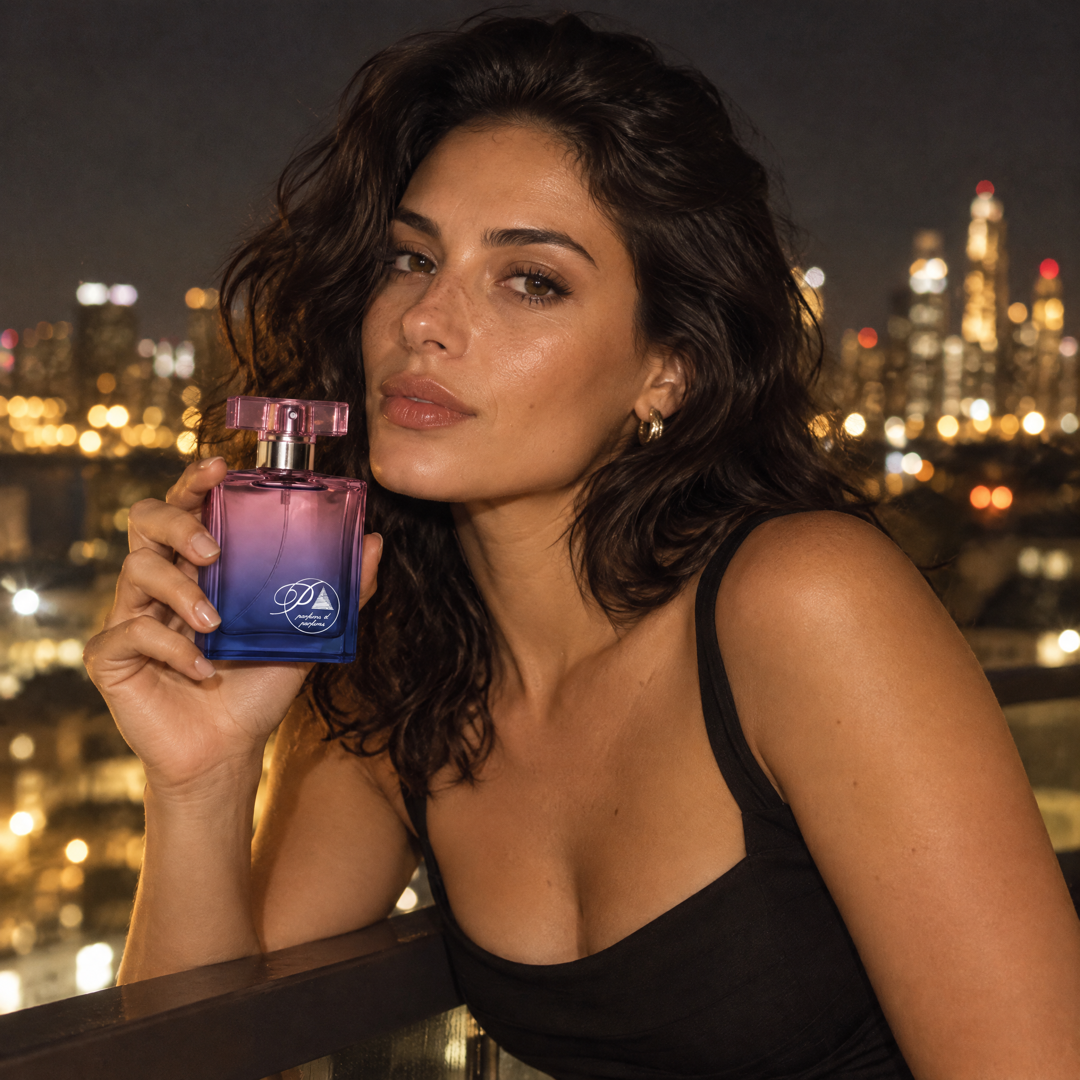 Mujer en un rooftop de noche con el perfume inspirado en 212 Sexy de Perfumes Inferno