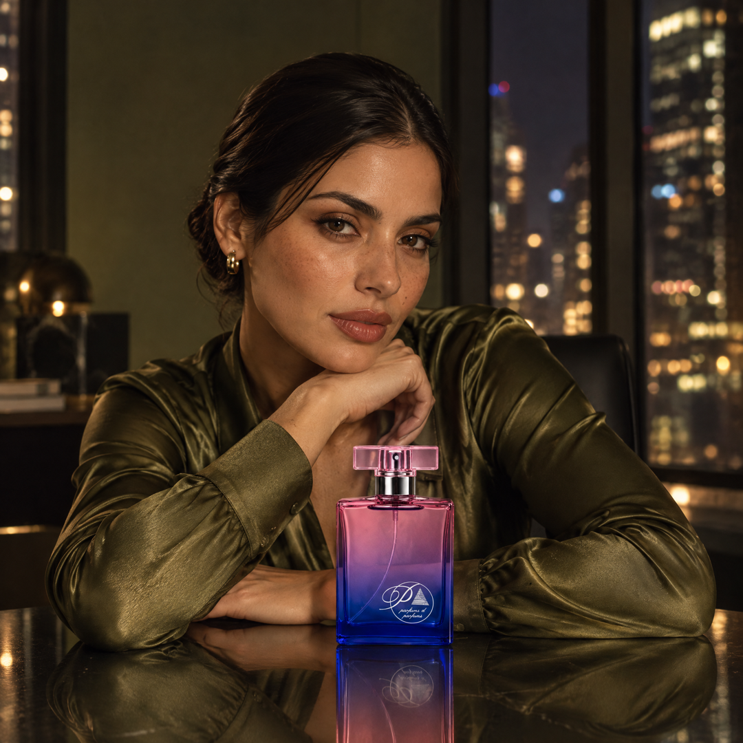 Mujer ejecutiva en su oficina de noche con el perfume inspirado en Boss Woman de Perfumes Inferno