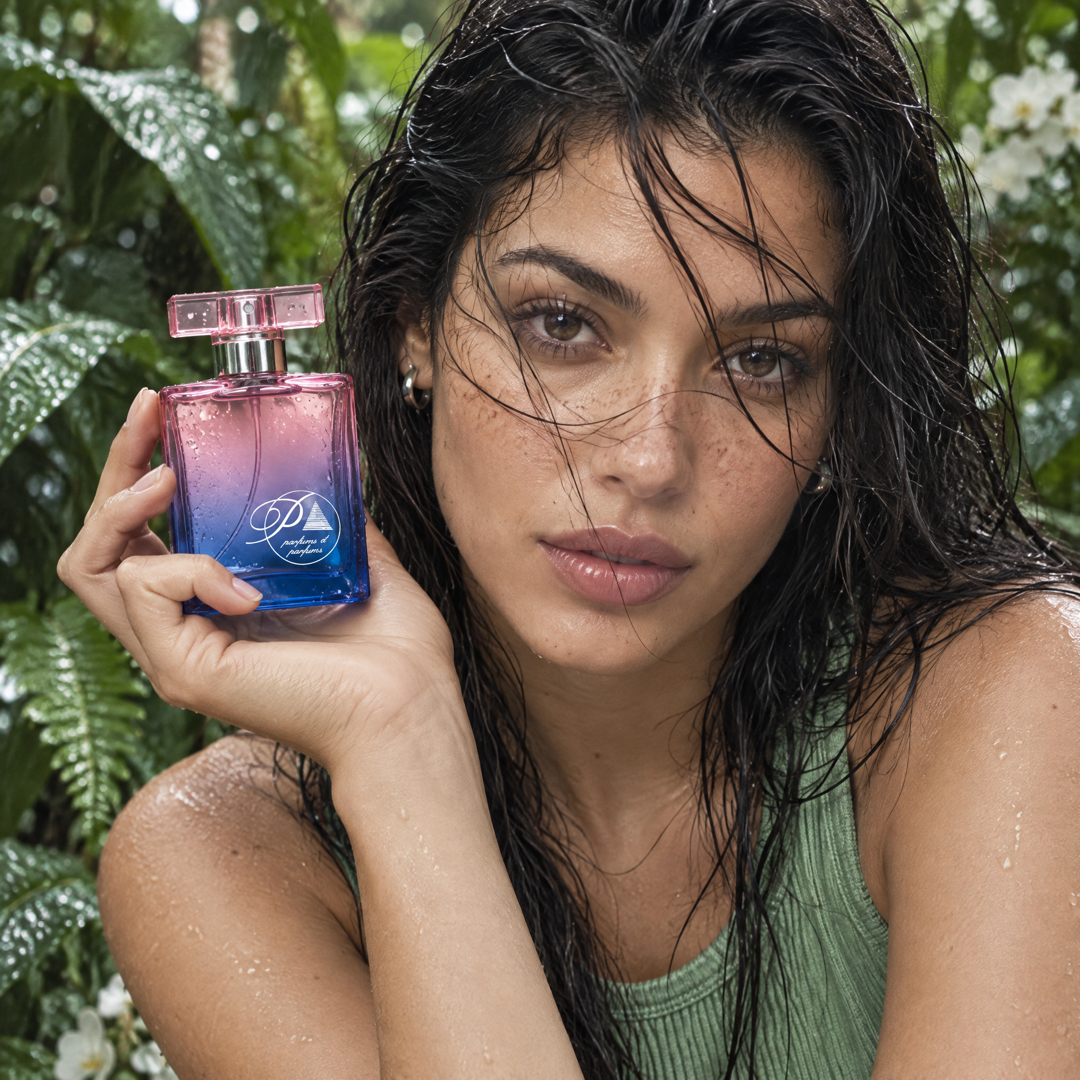 Mujer en un jardín botánico después de la lluvia sosteniendo el perfume inspirado en Eden de Cacharel de Perfumes Inferno