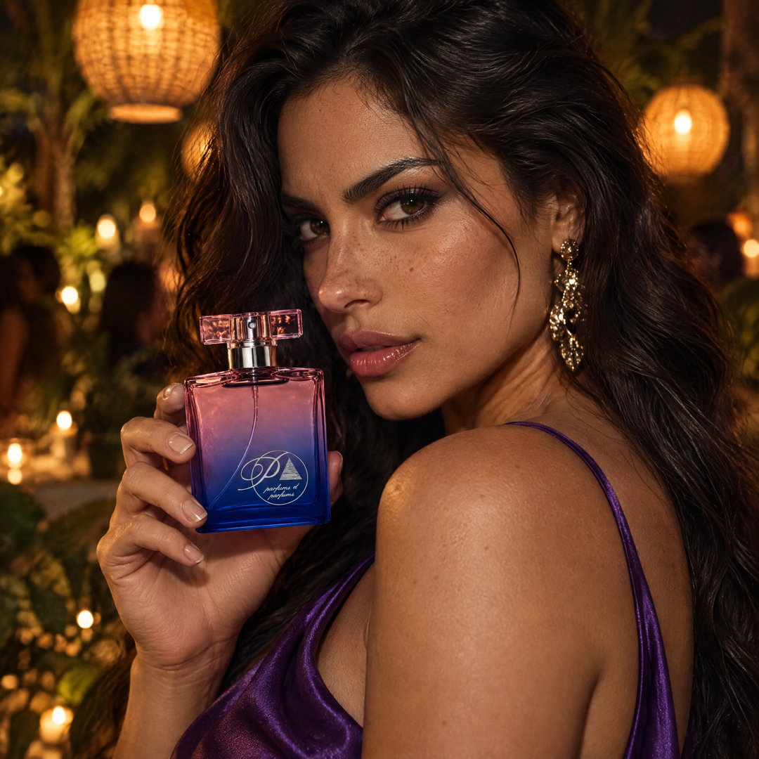 Mujer con el perfume inspirado en Euphoria en una fiesta nocturna en un jardín