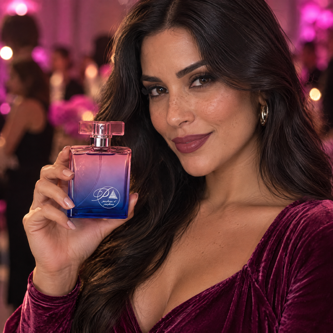Mujer con el perfume inspirado en La Vida es Bella Elixir en un evento elegante de noche
