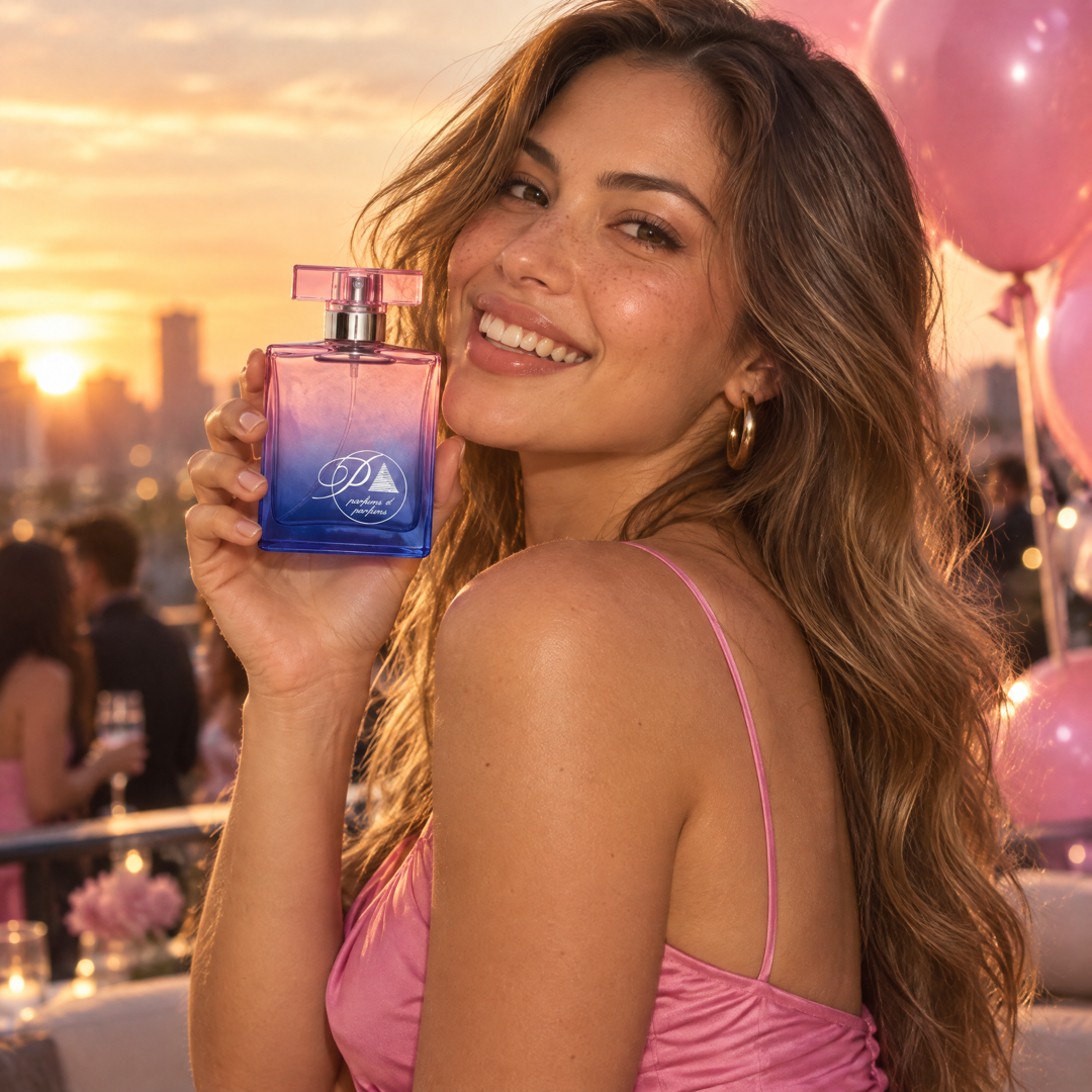 Mujer con el perfume inspirado en Live Irrésistible en una fiesta en una azotea al atardecer