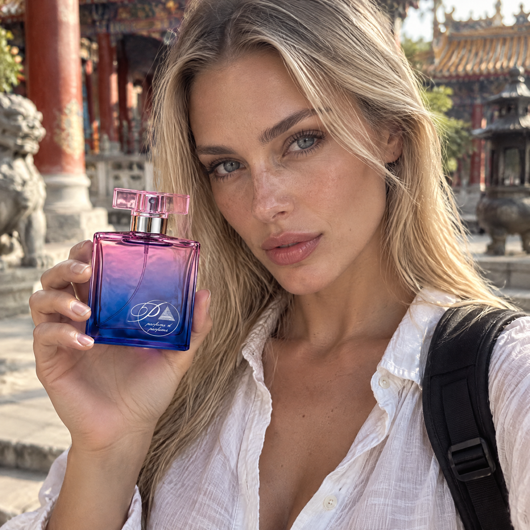 Mujer viajando por un templo asiático con el perfume inspirado en My Way de Perfumes Inferno