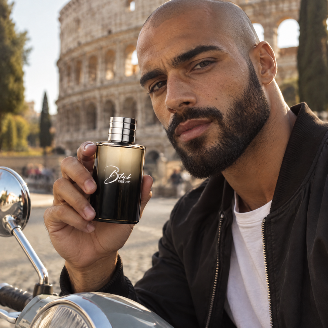 Hombre en Vespa frente al Coliseo con el perfume inspirado en Born in Roma Uomo de Perfumes Inferno