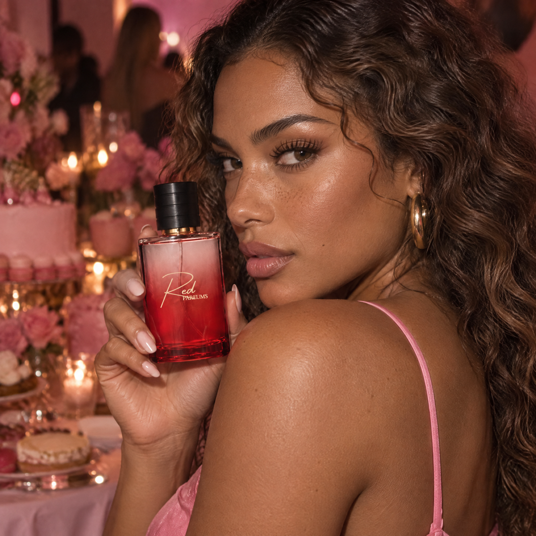 Mujer en una fiesta rosada con el perfume inspirado en Love Don't Be Shy de Perfumes Inferno