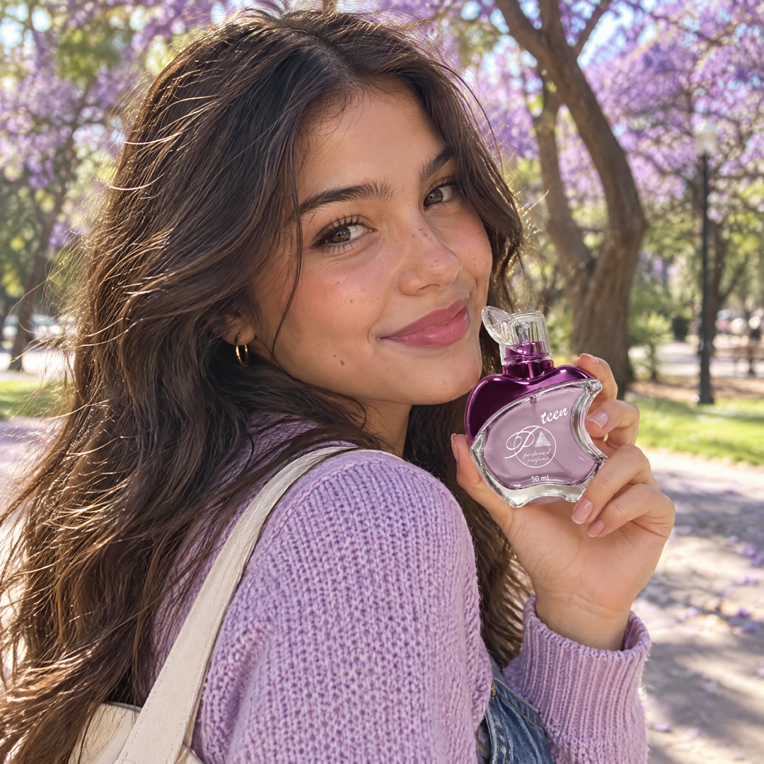 Adolescente con el perfume teen inspirado en Selena Gomez en un parque con jacarandás