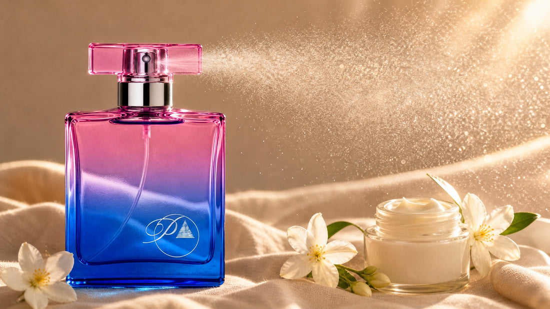 Perfume inspirado de PerfumesInferno rociando una bruma iluminada por el sol junto a jazmines