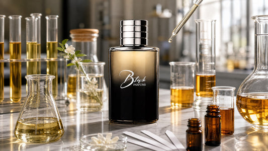 Perfume inspirado de PerfumesInferno en un laboratorio con vasos de aceites dorados y tiras de prueba