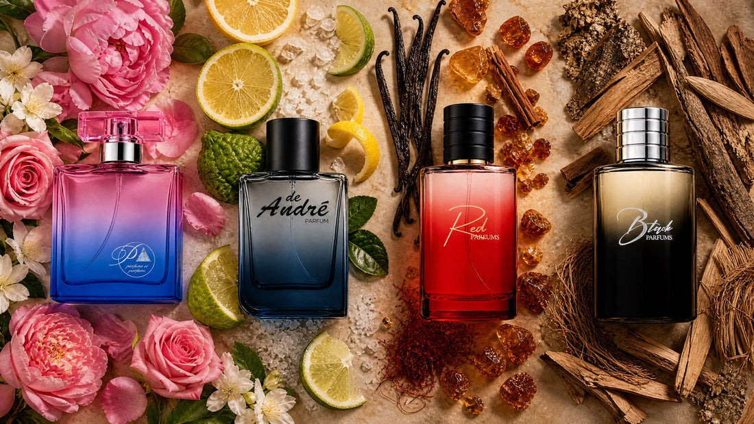 Cuatro perfumes inspirados de PerfumesInferno rodeados de flores, cítricos, vainilla y maderas