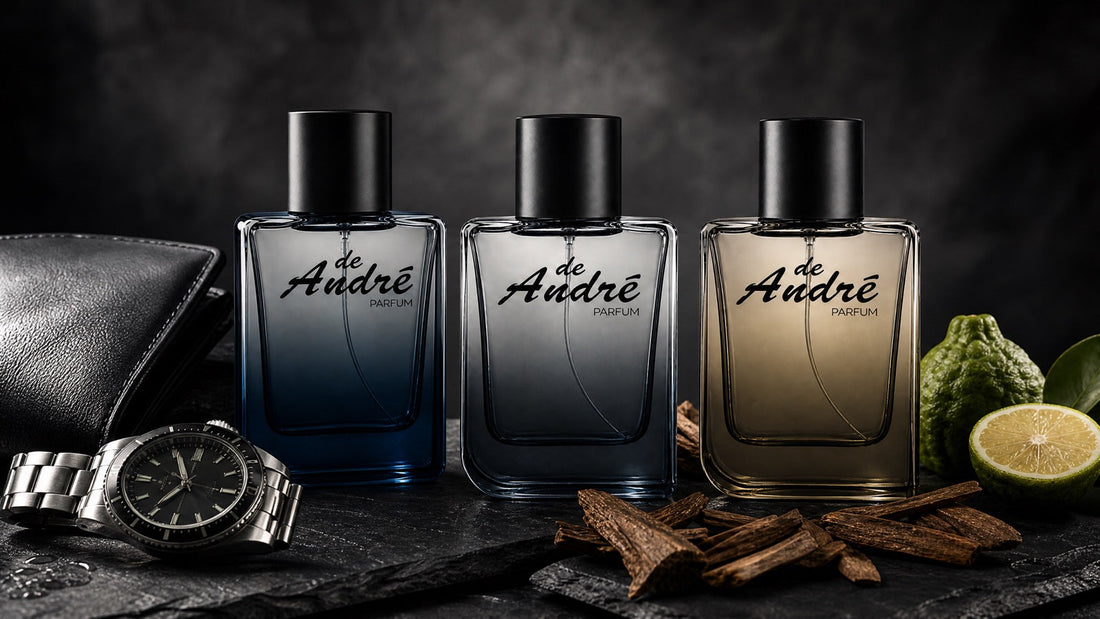 Tres perfumes de hombre inspirados de PerfumesInferno sobre piedra oscura con reloj y madera