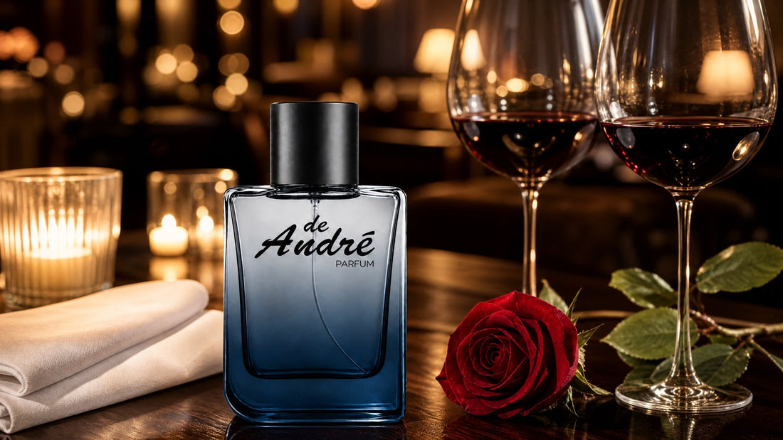 Perfume de hombre de PerfumesInferno en una mesa de restaurante con velas, copas de vino tinto y una rosa roja