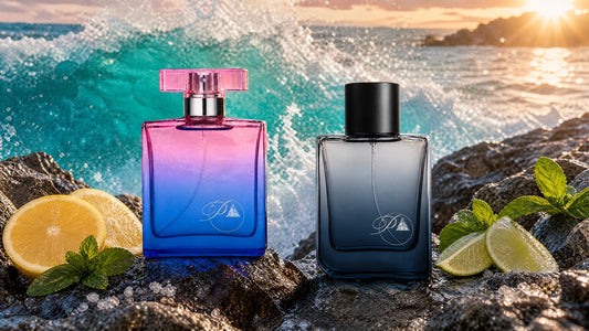 Perfumes inspirados de PerfumesInferno sobre rocas en la costa con una ola, limones y menta