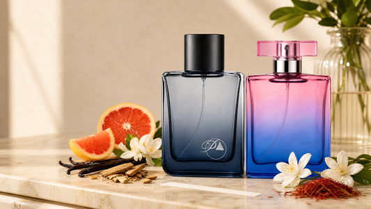 Dos perfumes inspirados de PerfumesInferno sobre mármol con cítricos, vainilla y jazmín