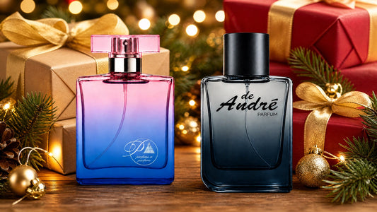 Perfumes inspirados de PerfumesInferno junto a regalos de Navidad con cintas rojas y doradas