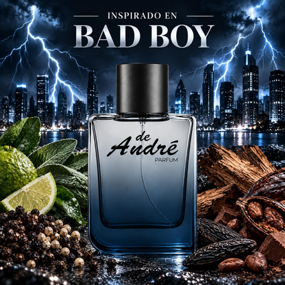 Perfume de hombre inspirado en Bad Boy con pimienta, bergamota, salvia, cedro, haba tonka y cacao bajo una tormenta eléctrica