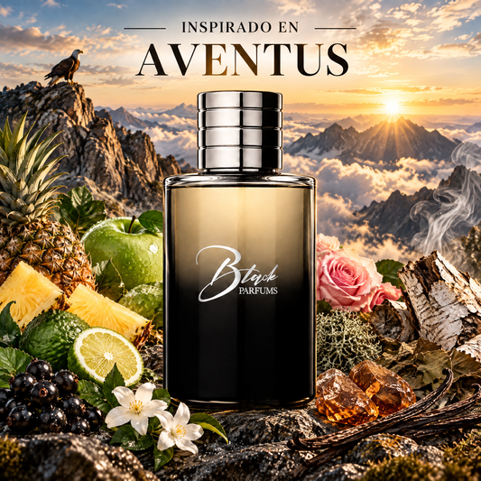 Perfume de nicho de hombre inspirado en Aventus, frasco Black Parfums con piña, bergamota, grosella, abedul ahumado