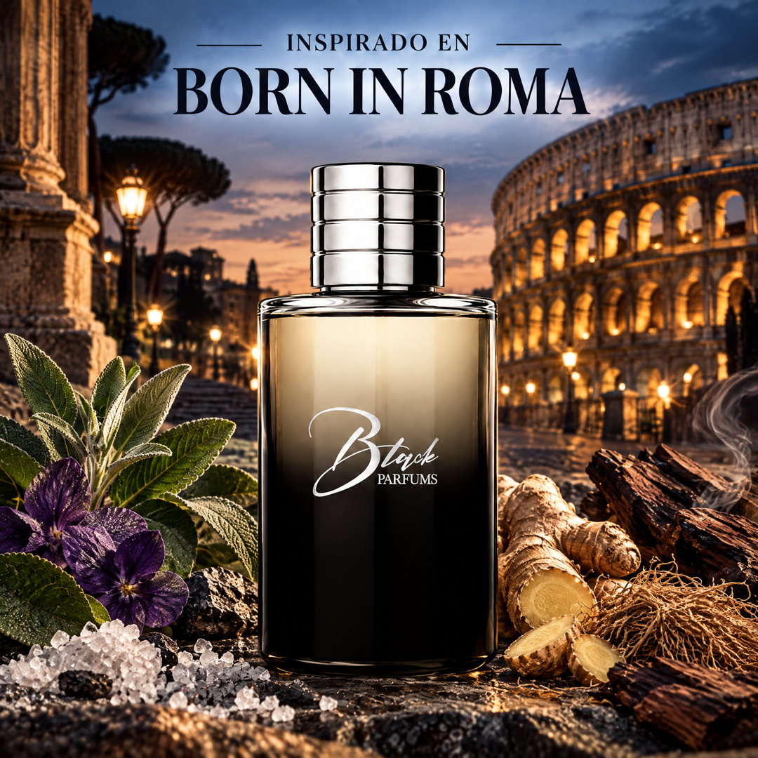 Perfume de nicho de hombre inspirado en Born in Roma Uomo, frasco Black Parfums con hoja de violeta, salvia, jengibre y vetiver frente al Coliseo