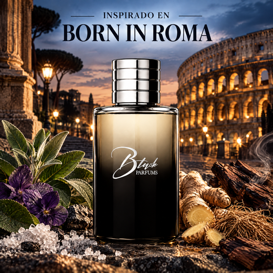 Perfume de nicho de hombre inspirado en Born in Roma Uomo, frasco Black Parfums con hoja de violeta, salvia, jengibre y vetiver frente al Coliseo