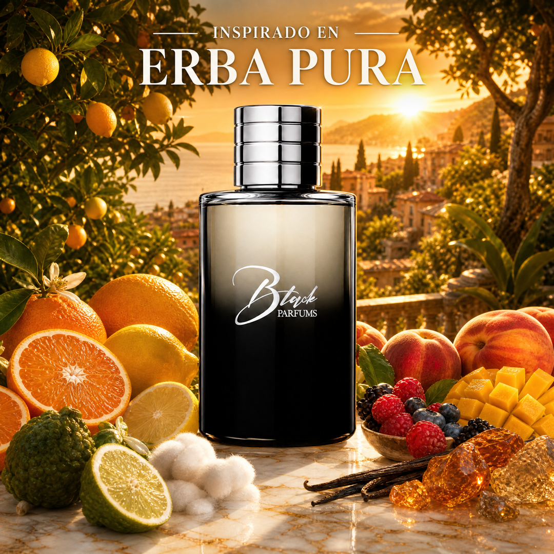 Perfume de nicho de hombre inspirado en Erba Pura, frasco Black Parfums con naranja siciliana, limón, bergamota, acorde frutal