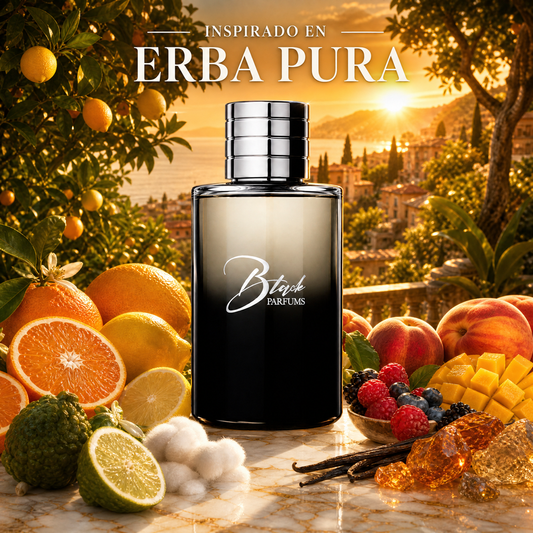 Perfume de nicho de hombre inspirado en Erba Pura, frasco Black Parfums con naranja siciliana, limón, bergamota, acorde frutal