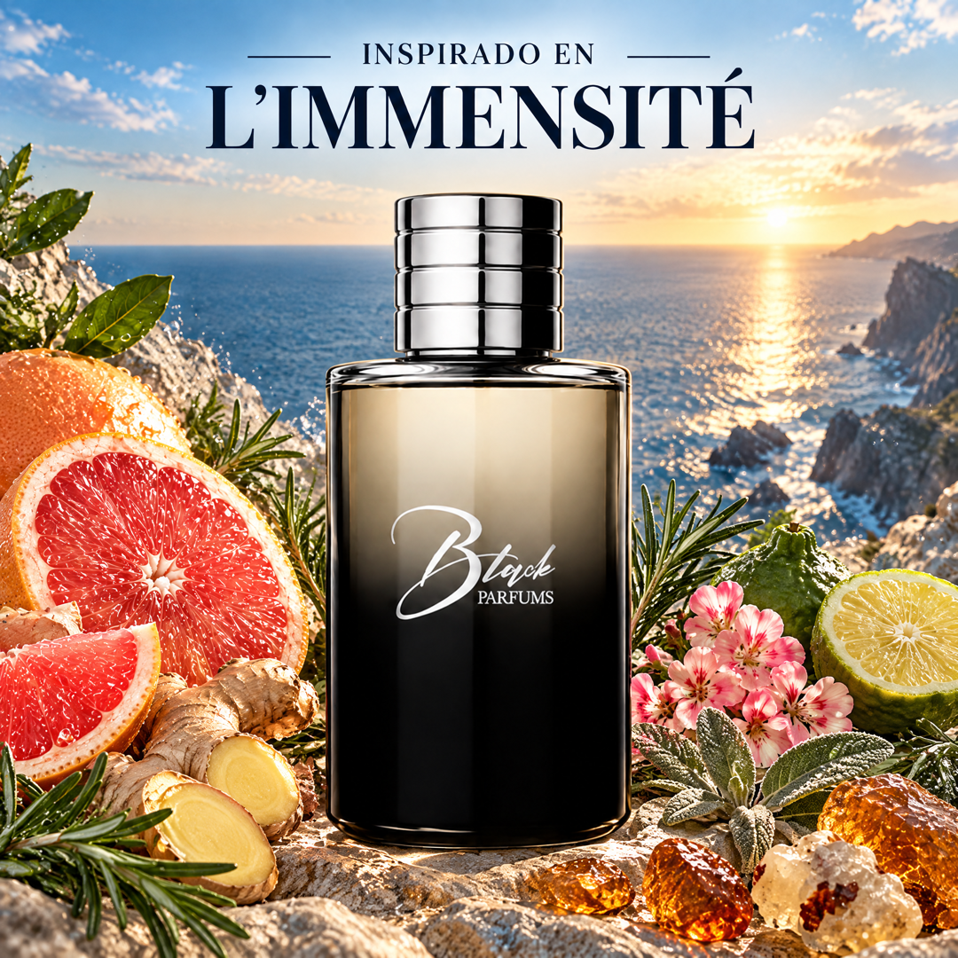 Perfume de nicho de hombre inspirado en L'Immensité, frasco Black Parfums con pomelo, jengibre, romero y ámbar frente al océano