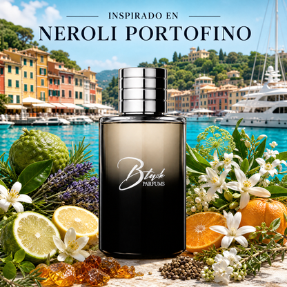 Perfume de nicho de hombre inspirado en Neroli Portofino, frasco Black Parfums con bergamota, limón, lavanda, romero