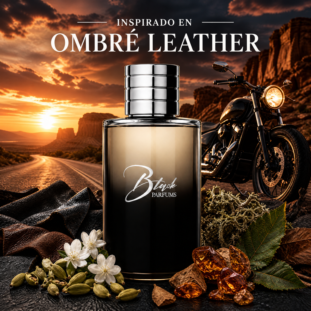 Perfume de nicho de hombre inspirado en Ombré Leather, frasco Black Parfums con cardamomo, cuero, jazmín sambac, ámbar