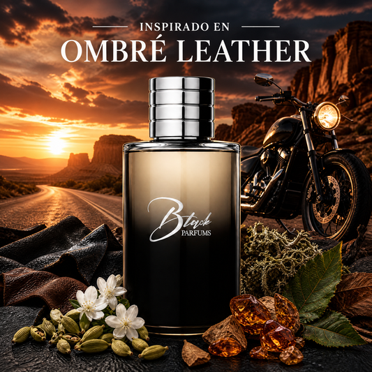 Perfume de nicho de hombre inspirado en Ombré Leather, frasco Black Parfums con cardamomo, cuero, jazmín sambac, ámbar