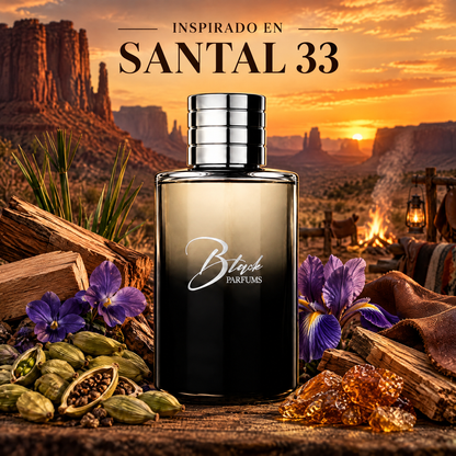 Perfume de nicho de hombre inspirado en Santal 33, frasco Black Parfums con cardamomo, violeta, iris, sándalo, cuero y ámbar en el desierto