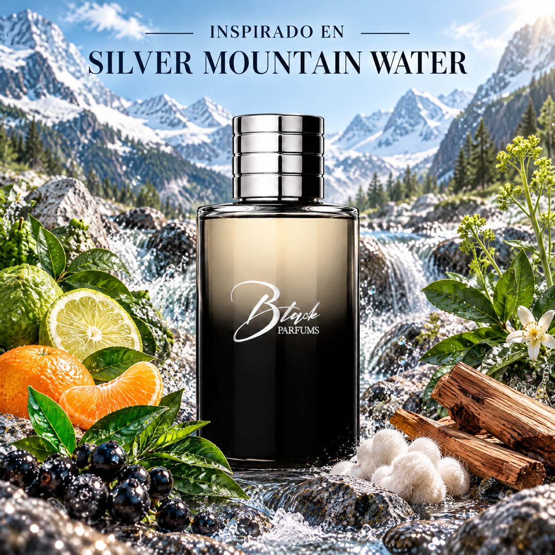 Perfume de nicho de hombre inspirado en Silver Mountain Water, frasco Black Parfums con bergamota, mandarina, té verde, grosella negra