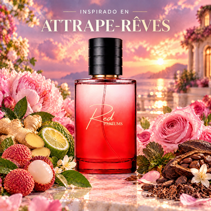 Perfume de nicho de mujer inspirado en Attrape-Rêves, frasco Red Parfums con lichi, jengibre, bergamota, peonía