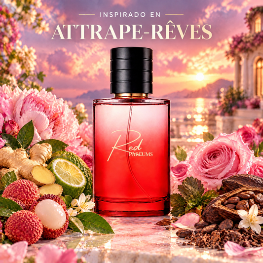 Perfume de nicho de mujer inspirado en Attrape-Rêves, frasco Red Parfums con lichi, jengibre, bergamota, peonía