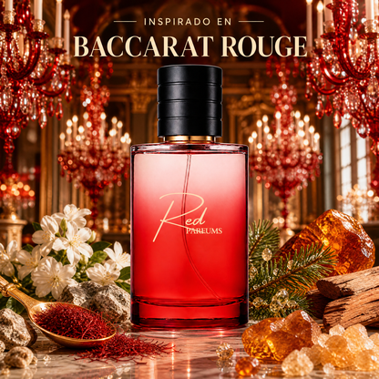Perfume de nicho de mujer inspirado en Baccarat Rouge 540, frasco Red Parfums con azafrán, jazmín, madera de ámbar y resina de abeto