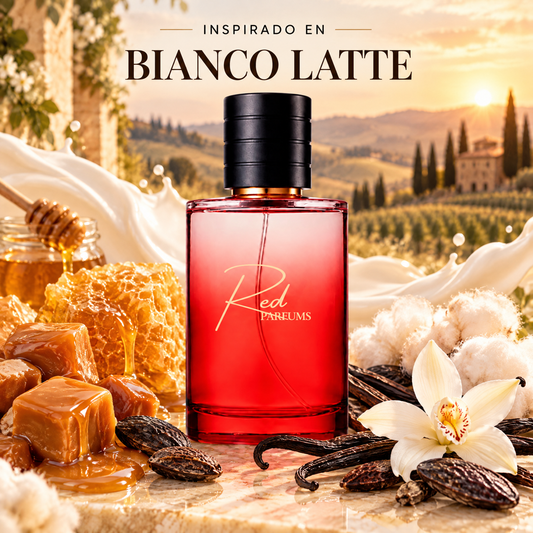 Perfume de nicho de mujer inspirado en Bianco Latte, frasco Red Parfums con caramelo, miel, haba tonka y vainilla