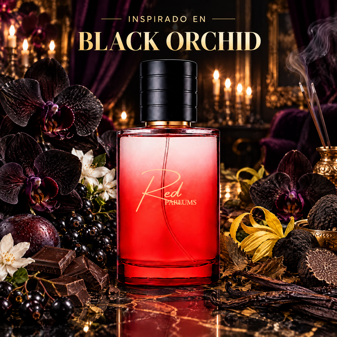 Perfume de nicho de mujer inspirado en Black Orchid, frasco Red Parfums con orquídeas negras, trufas, grosellas, chocolate y vainilla