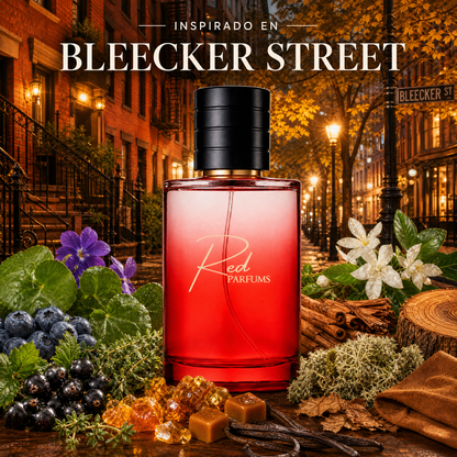 Perfume de nicho de mujer inspirado en Bleecker Street, frasco Red Parfums con hoja de violeta, tomillo, arándano, casis