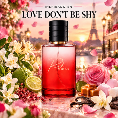 Perfume de nicho de mujer inspirado en Love Don't Be Shy, frasco Red Parfums con azahar, rosas, malvaviscos, caramelo y vainilla en París