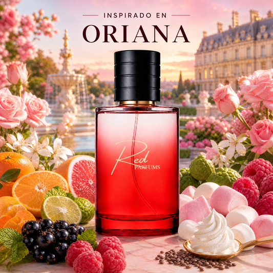 Perfume de nicho de mujer inspirado en Oriana, frasco Red Parfums con mandarina, bergamota, pomelo, azahar