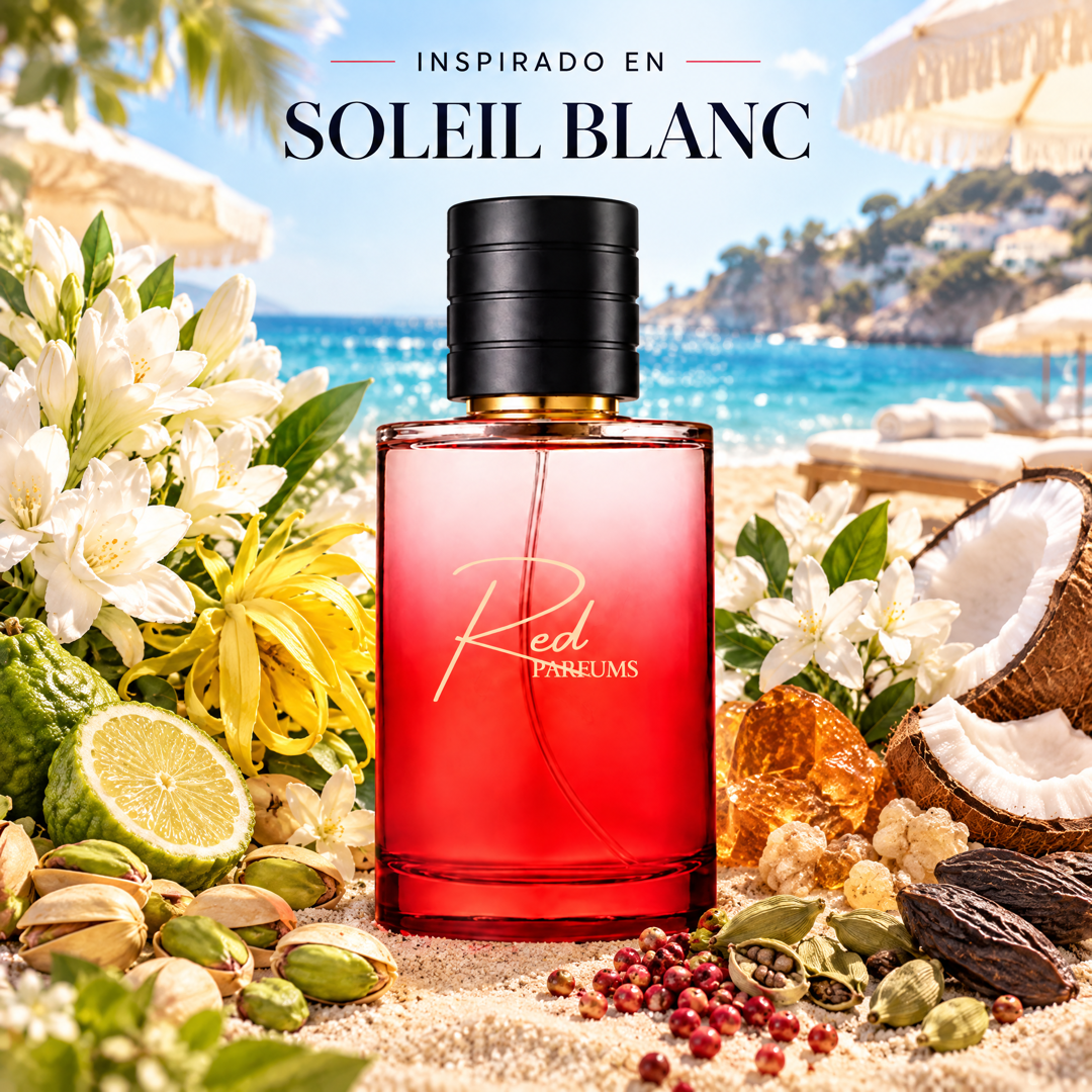Perfume de nicho de mujer inspirado en Soleil Blanc, frasco Red Parfums con pistacho, nardo, coco y ámbar