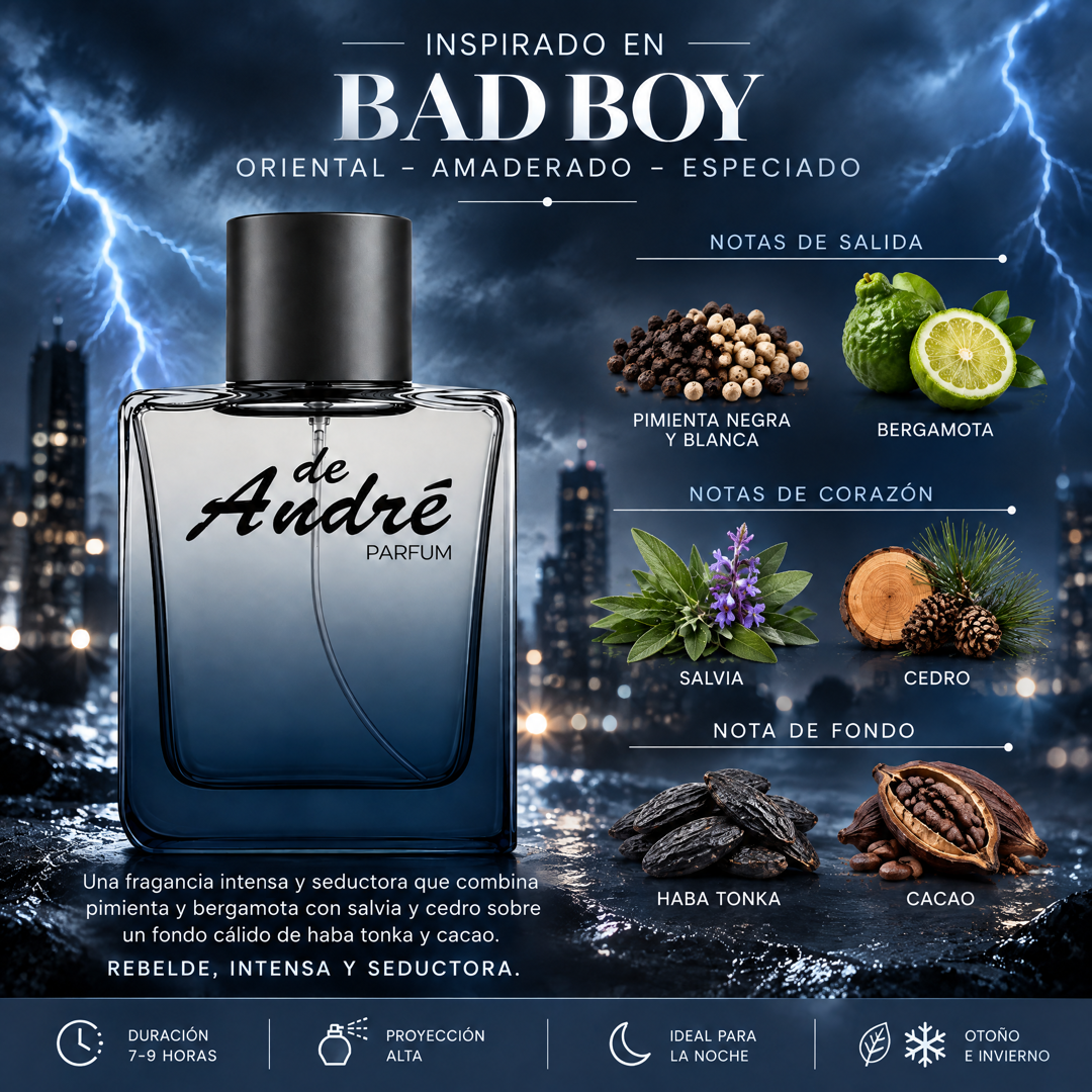 Notas olfativas del perfume inspirado en Bad Boy: pimienta negra y blanca, bergamota, salvia, cedro, haba tonka y cacao
