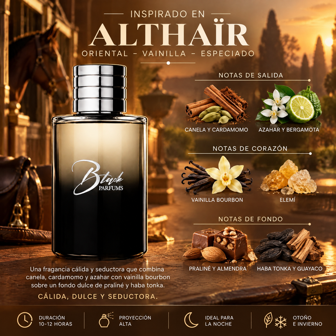 Notas olfativas del perfume de nicho inspirado en Althaïr: canela, cardamomo, azahar, bergamota, vainilla bourbon, elemí, praliné, almendra, haba tonka, guayaco